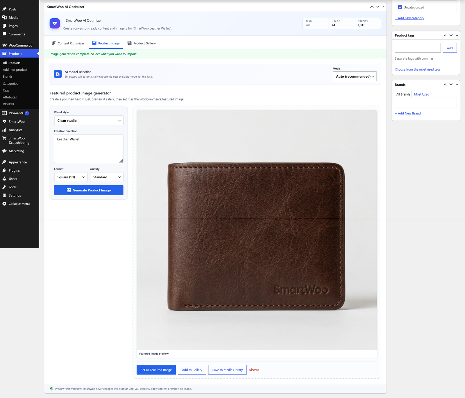SmartWoo featured product image generator showing a generated leather wallet
