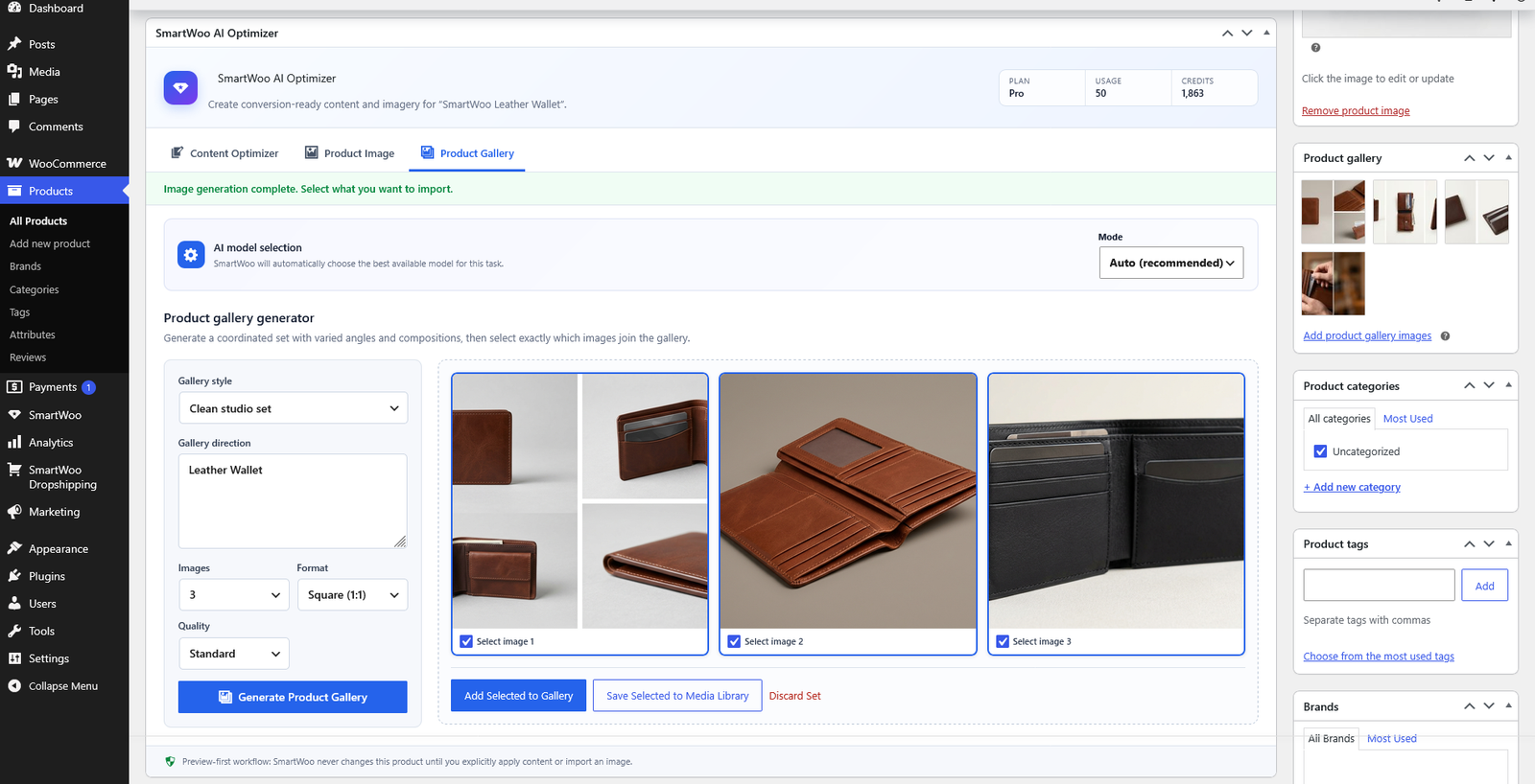 SmartWoo gallery generator showing three selectable product images